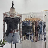 Fongt Shooting Tie-Dye Print Spliced Denim T-Shirt Girl Autumn Design Sense Irregular Hair Side Short-Sleeved Top 2617