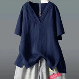 Fongt Summer New Solid Color Buffet Short-Sleeved V-Neck T-Shirt Women Irregular Large Cotton Loose Leisure