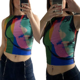 Women’s Crop Top Fashion Abstract Printing Vest Causal Round Neck Exposed Navel Sleeveless Tops Casual Outfits Streetwear