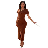 Fongt Body-Stupling Short-Sleeved Bag Hip Dress Gold Metal Buckle Open-Fork Solid Color Dress