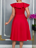 Fongt Women's V-Necked Leaf-Side Three-Dimensional Flower Dress Evening Dress Party Dress