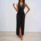 Fongt Summer Women's Elegant Kinesy Sleeveless V-Neck Opening And Repair Body Temperament Dress Dress Woman