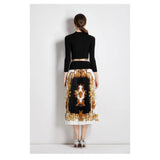 Fongt Suit Women's Collar Slim Thin Knitting Top Two Sets Of High-Waist Baroque Prints Half-Dress