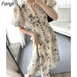 Women Fashion Vintage Casual Midi Print Dress Elegant Lady Vestdios Female A Line Party