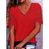 Fongt Women's T-Shirt Burst Lace Splicing Loose V-Neck Short-Sleeved T-Shirt