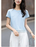 Fongt Style Lace Splicing Design Short-Sleeved T-Shirt 2025 Summer New Age-Reduce Round Collar Small Short Top