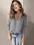 Fongt 2025 New Lace V-Necked Jacket Sweater Lady Loose Long-Sleeved Solid-Colored Sweater