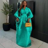 Fongt New Loose V-Neck Bat Long-Sleeved Dress 褶皱收 Waist Big Swing Fashion Party Dress Dress