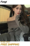 Solid Elegant Knitted Sweater Women Off Shoulder Loose Sweater Female Korean Style Casual Vintage Pullover Sweater