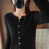 Fongt Long Sleeve Spring And Autumn New Round Collar Cardigan Women's Jacket Slim Soft Waxy Bottom Coat Thin Sweater-Outfit