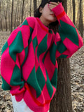 Winter Women Oversize Pullovers Casual O-neck Loose Sweater Knitted Pullover Streetwear Plaid Sweater for Women Coats-Outfit