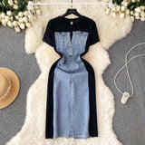 Fongt Net Red New Niche Round Collar Short Sleeve Splicing Denim Dress Women Senior Feel Waist-Wear Two Long Skirts
