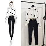 Spring Women Long Sleeves Dot Shirts + Slim Pants 2 pcs Sets Female Fashion Suits