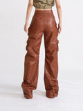 Australian Temperament High-Waisted Casual Leather Pants 2025 Summer New Fashion Design Style Interface Bag Loose Worker Pants
