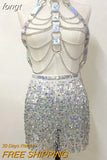 Women PU Leather Harness 2 Piece Set Sexy Hollow Out Metal Chest Chain With Tassel Sequins Mini Skirt Gothic Party Club