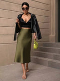 2024 New Women's Satin Slim Skirt Satin Solid Color Medium-Long Buttocks Fishtail Skirt-Outfit