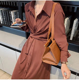 French Temperament High Waist Slim Criss-cross Shirt Dress Women Turn-Down Collar Single-Breasted Long Vestidos