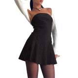 Women Strapless Off Shoulder Tube Short Mini Dress Summer Solid Color Bodycon Black Pleated Dress Female Vestido