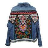 Women's Spring Boho Denim for Women Floral Appliques Embroidery Vintage Coat Long Sleeve Outerwear Female Jacket