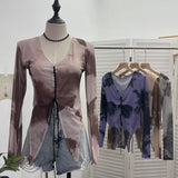 Real Shooting Hottie Slear Dye Printing V Tie With Hollow Irregular Shoulder Long-Sleeved T-Shirt