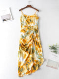 Vintage Yellow Tie dye Flower print Spaghetti Strap Dress Hem Slim Waist Slit Irregular Long Dresses Sling