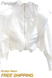 Women O-neck Ruffle Patchwork Decoration Zipper Design Chiffon Blouses Long Sleeve Short Coat Elegant Shirt Casual Baggy