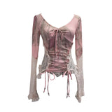 Fongt Lace Splicing Long-Sleeved T-Shirt Women's Bow Strap Hollow Irregular Blouse 6179