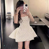 Fongt Square Tie Dress Women's Spring French First Love Pure Waist Short Skirt Casual Women Wave Point Print