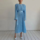 Fongt Women's Wear 2023 New Long Sleeve Belt Pleated Dress Temperament Commuting High Sense Loose Skirt-Outfit