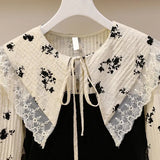 Women French Vintage Patchwork Dresses Office Ladies Elegant Dresses Spring Long Sleeve Peter Pan Collar Long