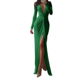 Fongt New Solid Color Dress Summer Fashion Sexy Slit V Neck Long Sleeve Solid Slim Pleated Skirt Dress-Outfit