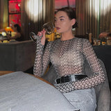 Fongt Sexy Long Sleeve Tight Body With Trend Letter Printing Mesh Perspective Conjoined Woman
