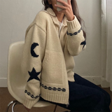 Aesthetic Moon Star Print Zip Up Cardigan-Outfit