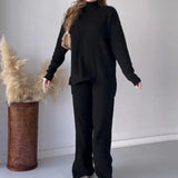 Fongt 2025 New Fashion Pure Color Round-Neck Casual Knitted Wide Leg Trousers Two Sets