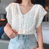 Fongt Hollow Knitted Vest Top Summer New Sleeveless Loose Retro Lotus Lace Vest Women