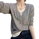 Fongt Two V-Neck Knitted Women's 2025 New Loose Thin Tops Long-Sleeved Sweater Bottom Shirt