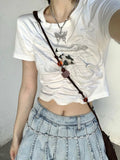 Y2K White Corset Tshirts Women Irregular Cow Print Harajuku Egirl Aesthetic Fairy Grunge Crop Top Short Sleeve T