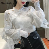 Crochet Lace Blouse Women Chic Ruffle Lace Stitching Shawl Ladies Stand Collar Tops 2023 Spring Long Sleeve Slim