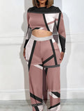 New Plus-Size Women's Wear Two Long-Sleeved Wide-Leg Trousers Printed Suit-Outfit