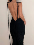 Women Sexy Long Dress Slim Backless Tie Up Solid Halter Sleeveless Strap Summer Clubwear Beach Ruched Dress Vestidos-Outfit