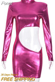 Metallic Shiny Cut Out Bodycon Mini Dress Women Turtleneck Long Sleeve Slim Short Sundress 2023 Spring Fall Night Prom