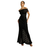 Fongt Women's Autumn New Word-On-A-Shoulder Perspective Sexy Lace Open-Fork Body-Body-To-Ssing Dress Woman