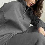 Fongt Selling Solid Cotton Jacket Set Zipper Plus Velvet Loose Top Sports Pants Women