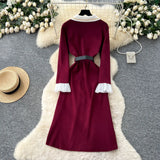 Fongt Small Fragrant Style Trendy Collar Long Sleeve Metal Double Buckle Waist Thin Temperament Knitted Dress