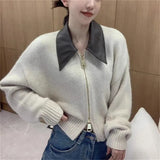 Fongt Goods Sweater Coat Women's Leather POLO Collar Stitching Knit Cardigan Zipper Lazy Wind 2024 Autumn / Winter New Top-Outfit