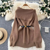 Fongt Fan High Sense Sweater 2024 Winter Belt Waist Versatile Shoulder Lapel Show Thin Chic Knit Top-Outfit