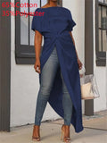 2022 Summer Women Asymmetrical Blouse Sexy Split Hem Striped Party Tops Long Ladies Office Shirt Ladies Tunic Blusas