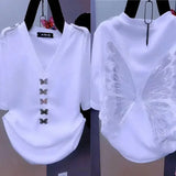 Solid Color T-shirt Stylish Butterfly Three-dimensional Decoration Female Summer Elegant V-Neck Sexy Backless Pullovers-Outfit