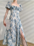 Dress Elegant Square Collar Lace-up Women Floral Summer Puff Sleeve Slim Waist Female Split A-line Dresses Female