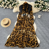 Fongt Fashionable Dress Women's French Nail Polish Brighten Embroidery V Collar Long Sleeve Leopard Print Elegant Long Dress